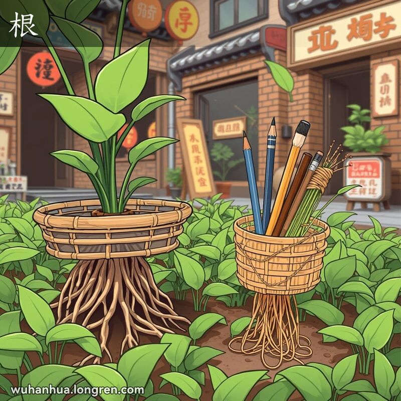一株植物的根扎在土壤中，旁边的竹篮子里有筷子、绳子、铅笔、头发和草叶，背景是武汉老街景