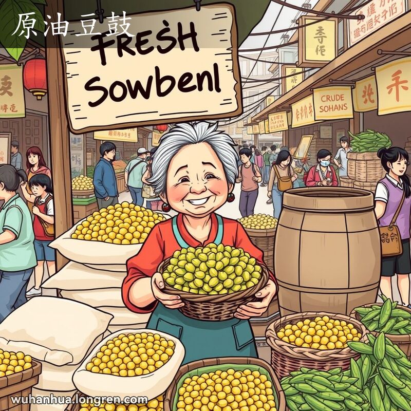 武汉街头市场上，一个友善的中年妇女在卖新鲜黄豆，背景是忙碌的市场和其他摊位。