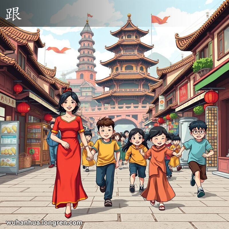 武汉街道上，一位年轻女子与伴侣手牵手走在一起，背景中孩子们在玩追逐游戏，象征着“跟”的多种意思。