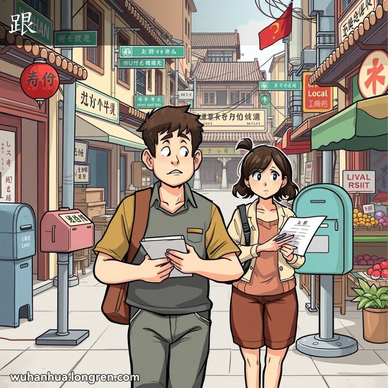 武汉街头，年轻人与老者并肩而行，年轻人手持笔记本，背景中女性站在邮筒旁，展示“跟”的多种用法。