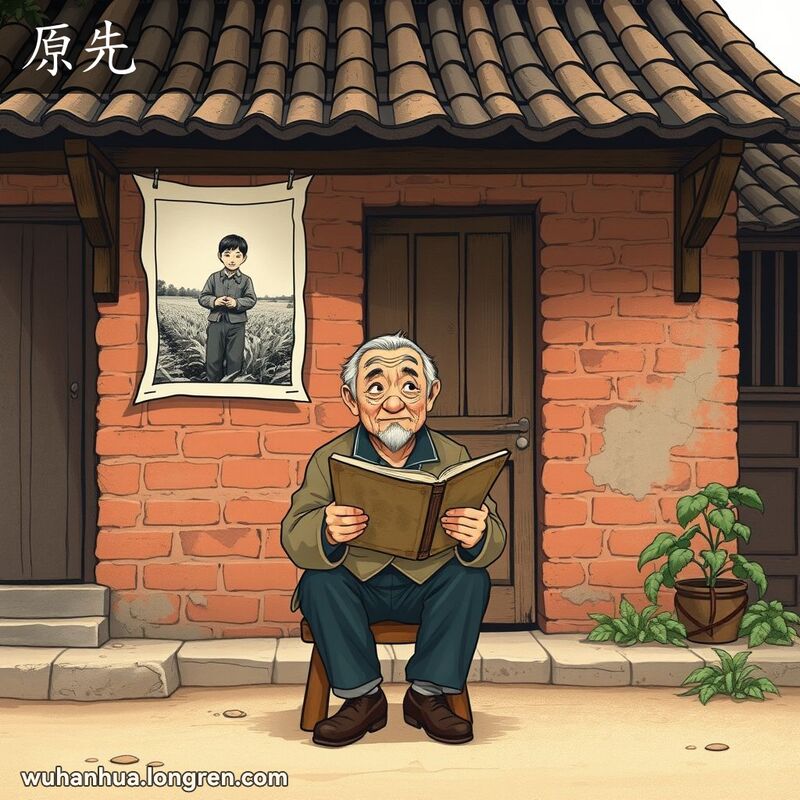 一位老人坐在武汉老房子前，手捧旧书回忆往昔，背景有老照片和传统建筑