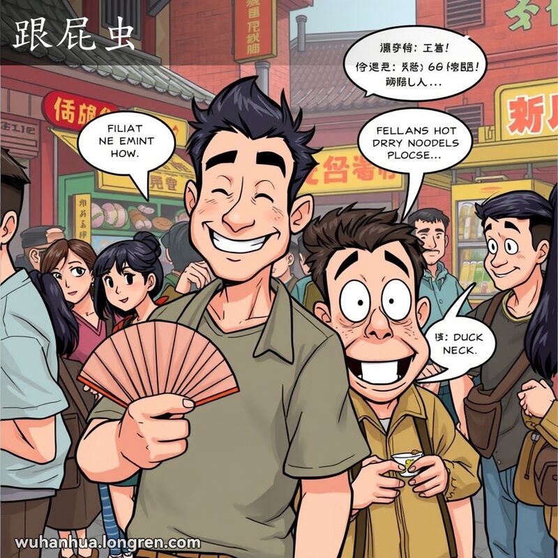 一位武汉男子在街市中被另一人紧跟，模仿他的一举一动，背景是热闹的武汉街市