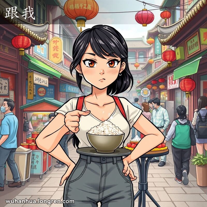 一位年轻女子站在武汉街头，指着一碗米饭，神情坚定，背景是热闹的市场和传统建筑。