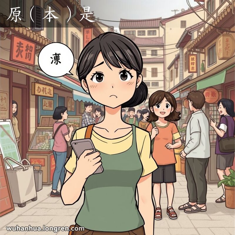 一位年轻女子站在武汉老街市场旁，手持电话，露出“原（本）是”的犹豫表情，背景是朋友们聊天和欢笑的场景。