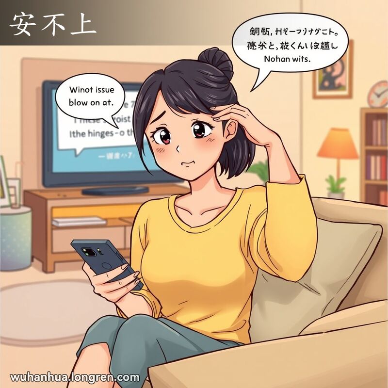 一位年轻女性坐在沙发上，手持电话，另一只手扶额，表情沮丧，背景是温馨的客厅，电视机开着，播放着小事被夸大的情节。