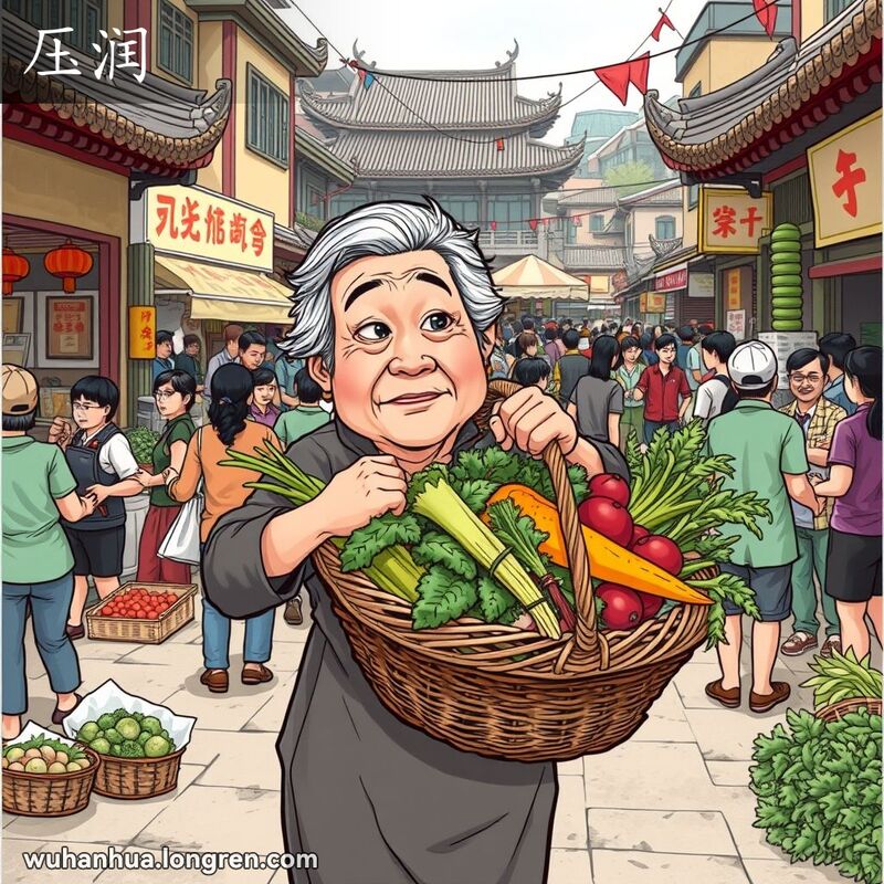 一位中年妇女在武汉市场中挑选蔬菜，篮子里装满新鲜蔬菜，背景是热闹的市场场景