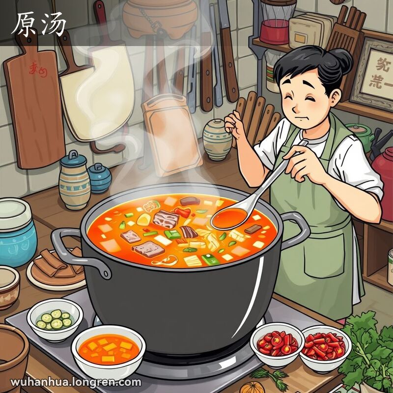 武汉厨房中，一位当地人正在舀用肉和蔬菜熬制的原汤，背景有厨房用具和食材。