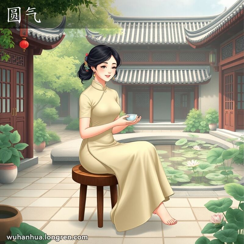 一位年轻女子在武汉传统庭院中，身着旗袍，坐在木凳上，手持茶杯，深吸一口气，面带微笑，背景是茂密的绿植、荷花池和传统中式建筑