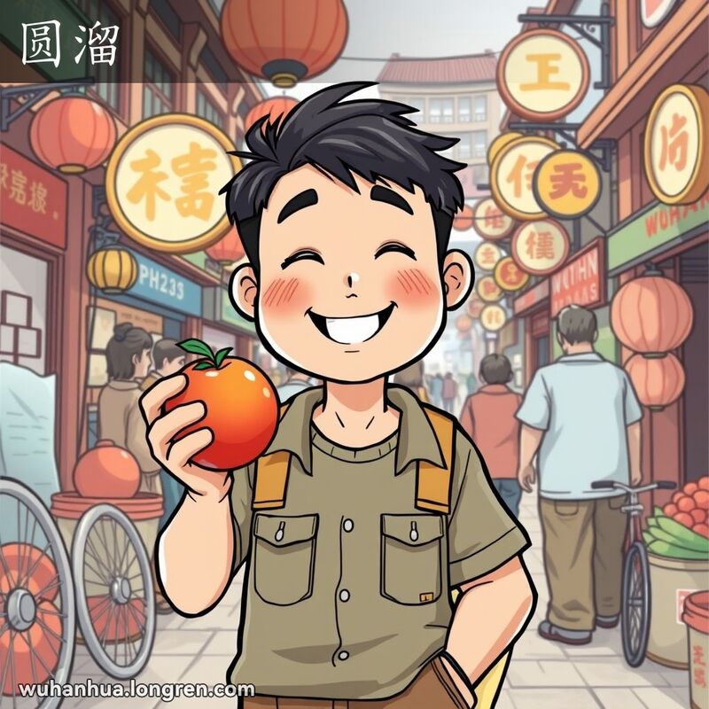 一位武汉男子站在市场中，脸庞圆润，手拿圆苹果，背景有各种圆形物体和武汉老街景
