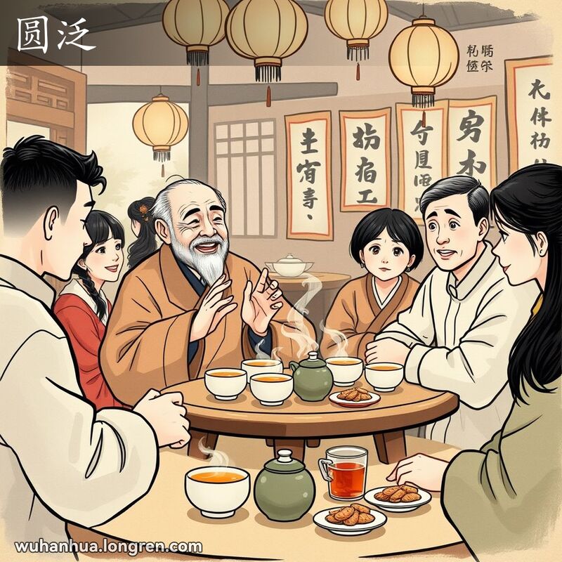 一位长者在武汉茶馆中与年轻人交谈，表现出“圆泛”的周到和帮助