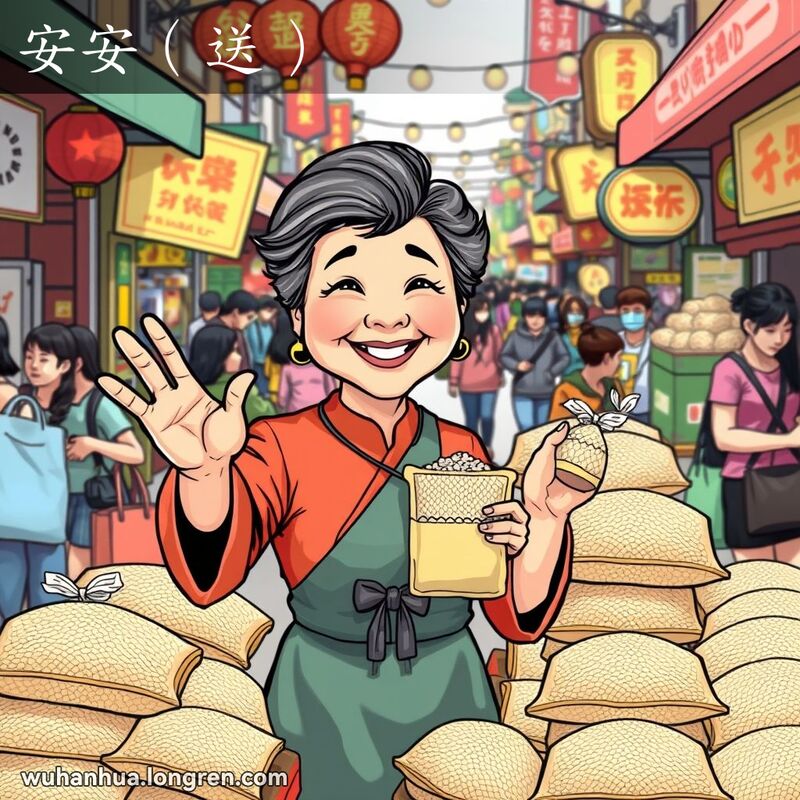 一位友善的中年妇女在武汉街市上挥手告别，手持一袋米，背景是热闹的市场摊位和购物者
