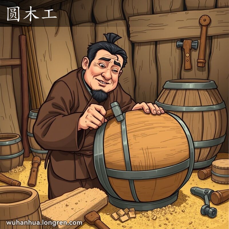一位传统工匠在乡村作坊中专注地组装木桶，背景有木板和工具