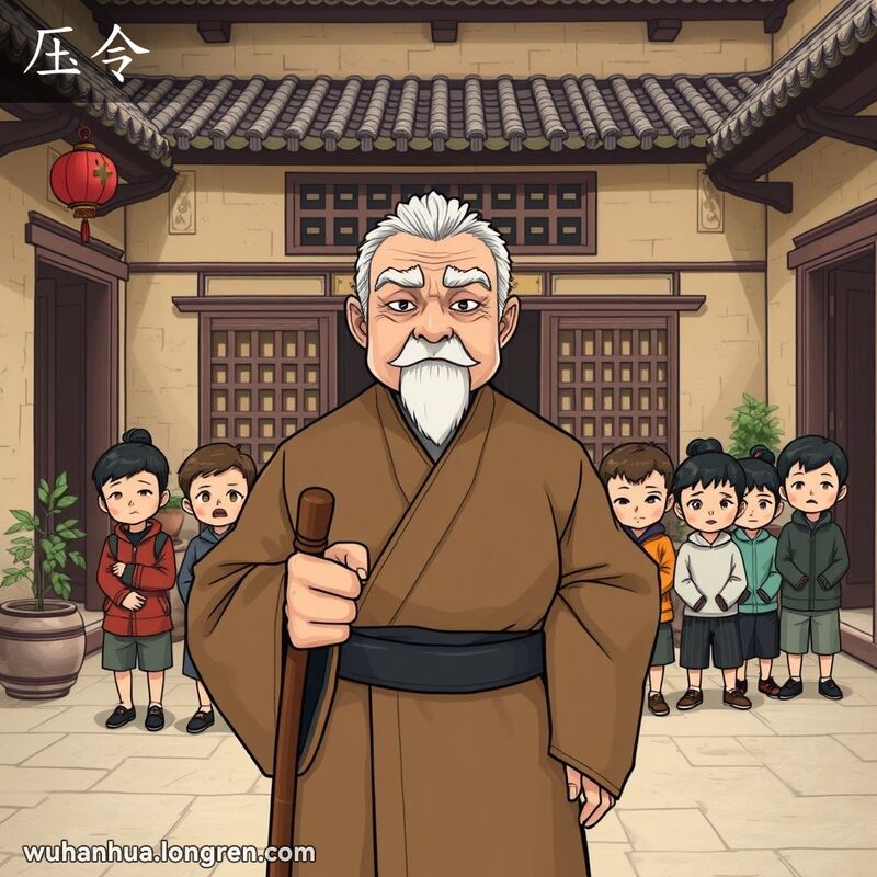 一位严肃的老人手持木杖站在武汉传统庭院中，背景有几个紧张顺从的孩子
