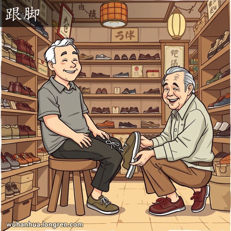 一位中年男子在武汉鞋店试穿新鞋，鞋子非常合脚，店主在旁边调整鞋带，背景是温馨的老式鞋店。