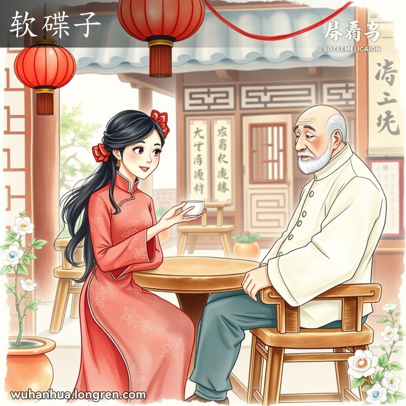 一位身穿旗袍的武汉年轻女子在茶馆内，手持瓷茶杯，面带甜美微笑，温柔地对一位老者说话，背景是传统中国茶馆场景。