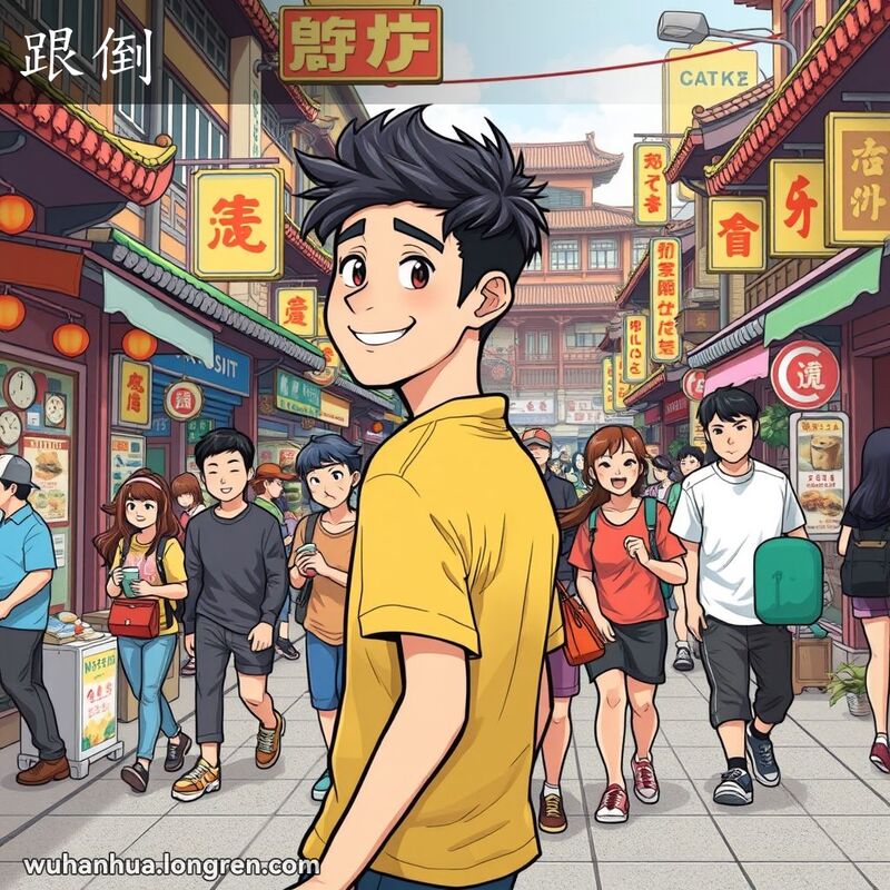 一群年轻人在武汉街头嬉戏追逐，领头的年轻人回头看着后面的朋友，露出调皮的笑容，后面的朋友紧跟其后，模仿他的动作和表情，背景是武汉的传统街景。