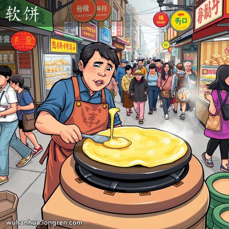 武汉街头小吃摊，摊主正在铁锅上摊制软饼，背景有其他小吃摊和行人