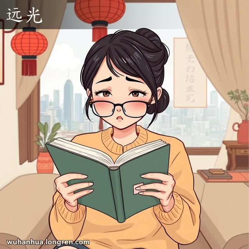 一位武汉女性在客厅里眯眼看书，戴着眼镜，窗外是清晰的城市天际线，象征远光。
