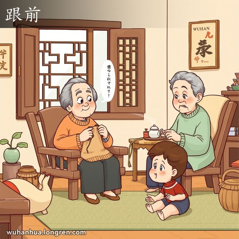 祖母在家中织毛衣，招呼孙子到她跟前来，孙子微笑着靠近。