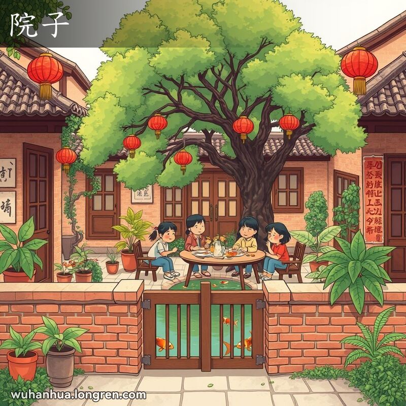 一个传统的武汉院子，四周围绕着砖墙和木门，院子里有植物和小池塘，一个家庭在大树下享受用餐时光。