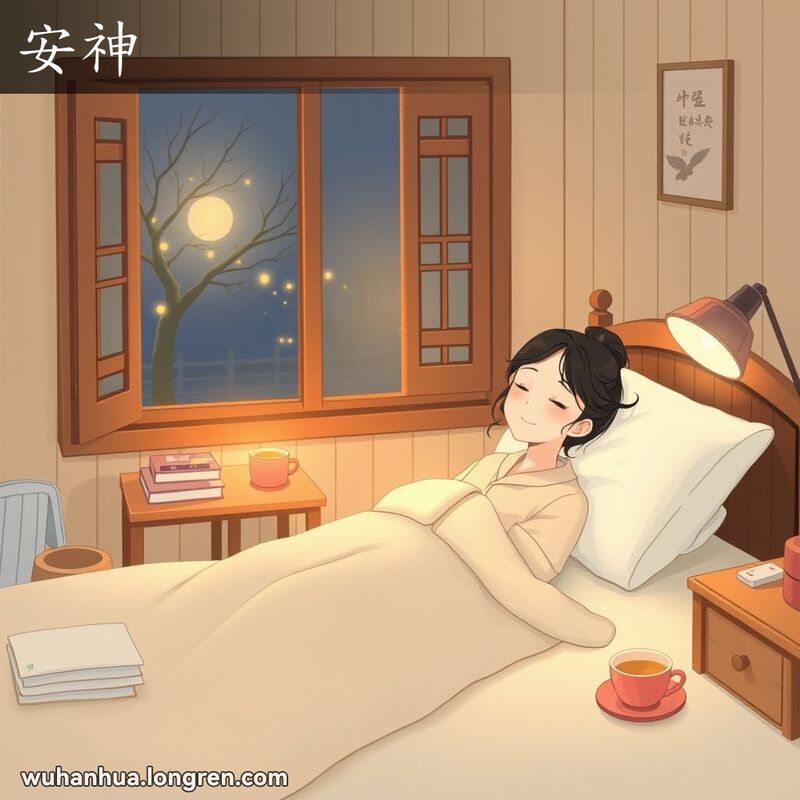 一位年轻女子在传统武汉风格的卧室中安详地睡觉，表现出“安神”的状态，背景是宁静的夜景