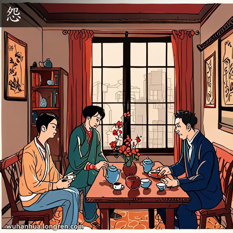 三个人在客厅里激烈讨论，表情和姿态显示出厌烦和不满，背景是温馨的客厅和武汉街景