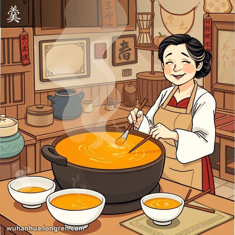 一位中年妇女在传统厨房中烹制南瓜羹，脸上带着满足的笑容，背景是温馨的家庭氛围