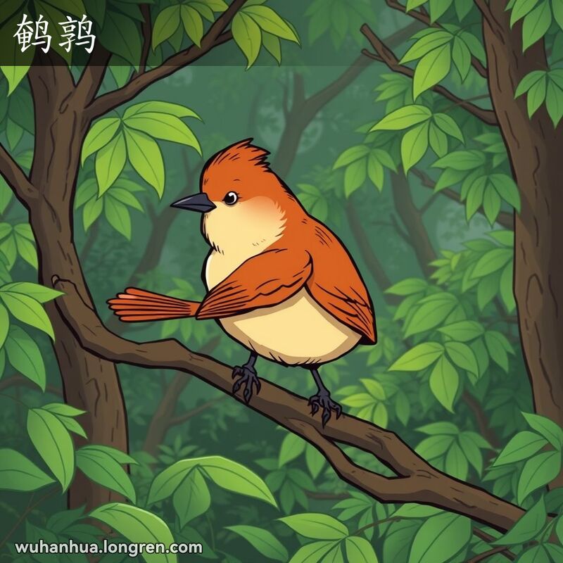一只小巧、肥胖的鹌鹑站在树枝上，背景是茂密的绿色森林