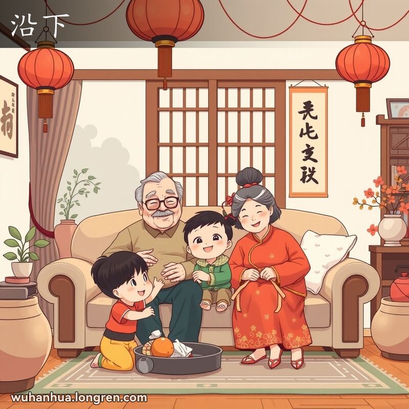一位武汉老人和他们的孙辈在一起的温馨场景，孙辈们在老人身边玩耍，背景是传统的武汉老房子