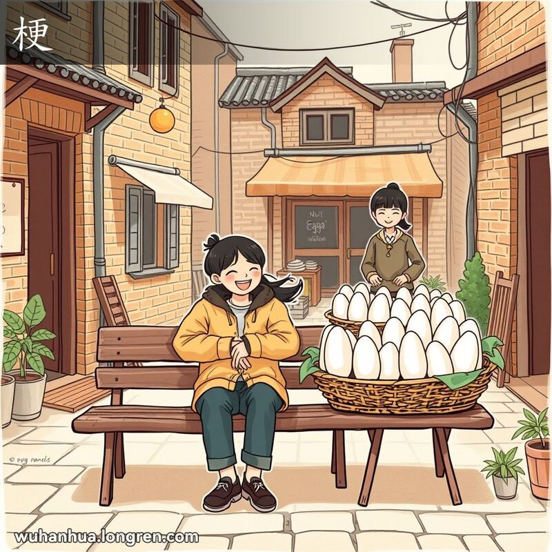 一对年轻情侣在武汉老街亲密依偎，背景中小贩售卖完整的鸡蛋，还有一栋完整的小房子，象征‘梗’的意义。