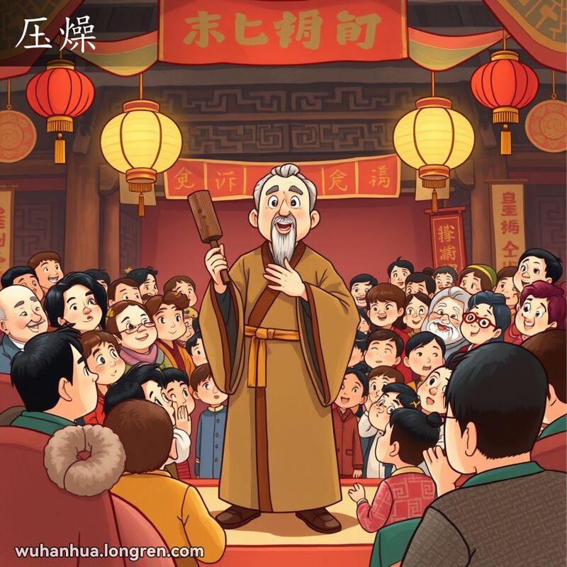 一位传统中国说书人手持警堂木，站在舞台上，面对热情的观众，背景是传统的中国戏院场景