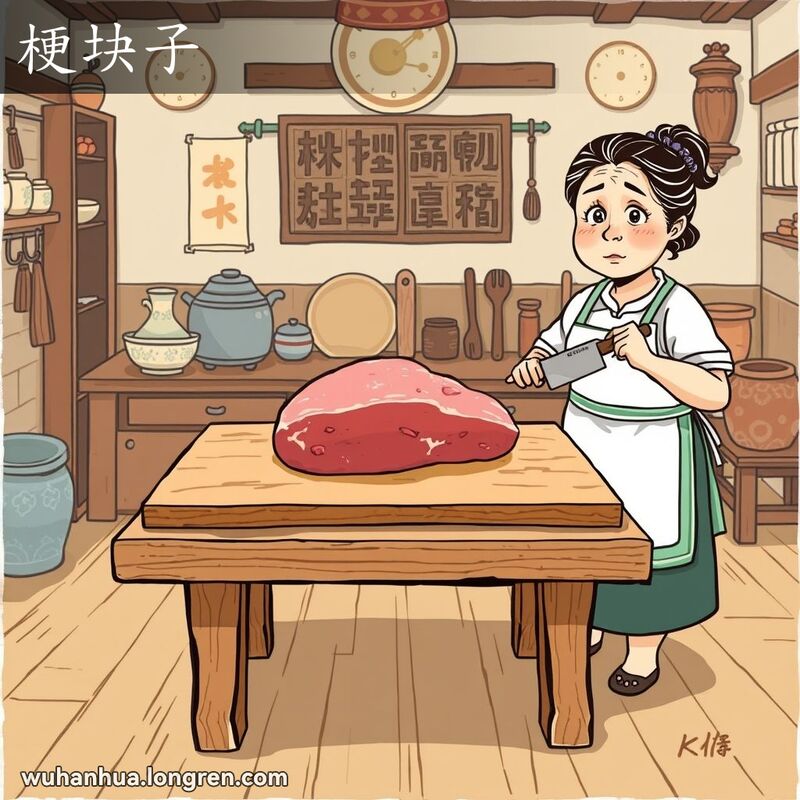 一位中年妇女在武汉厨房里，手持菜刀，面前是一大块肉，表情略显无奈，背景是温馨的家庭厨房