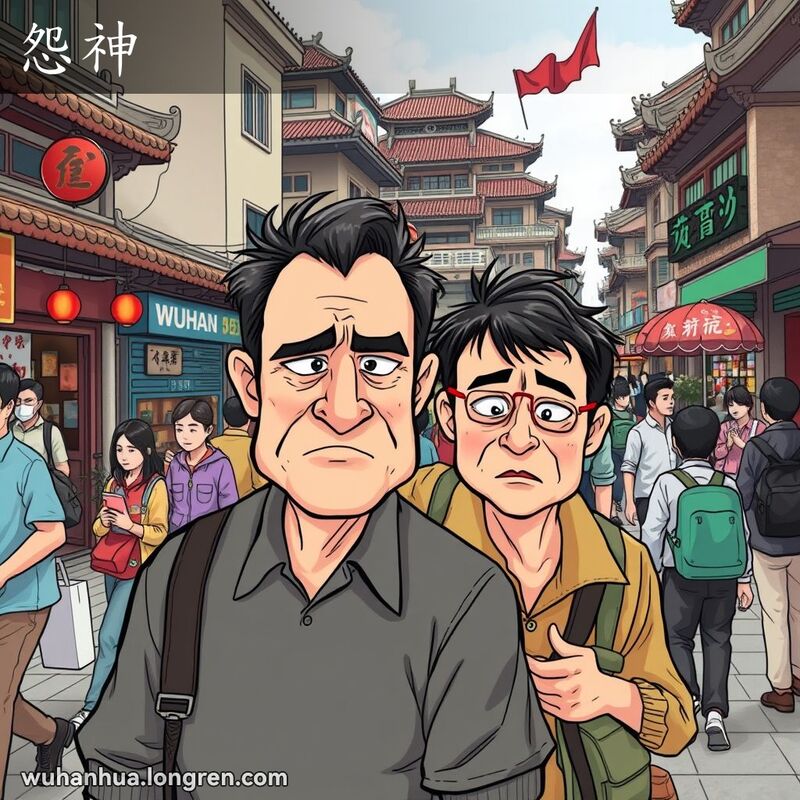 武汉街道上，一个人被另一个人紧紧跟随并纠缠不休，被跟随的人露出厌烦的表情。