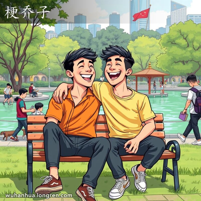 两位年轻男子在武汉公园长椅上开怀大笑，背景有绿树和湖泊，展示了“梗乔子”的亲密友谊。