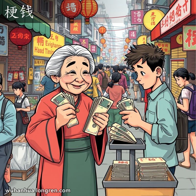 一位武汉老太太在街市上手持大面额钞票，站在兑换摊位前，背景是热闹的市场场景