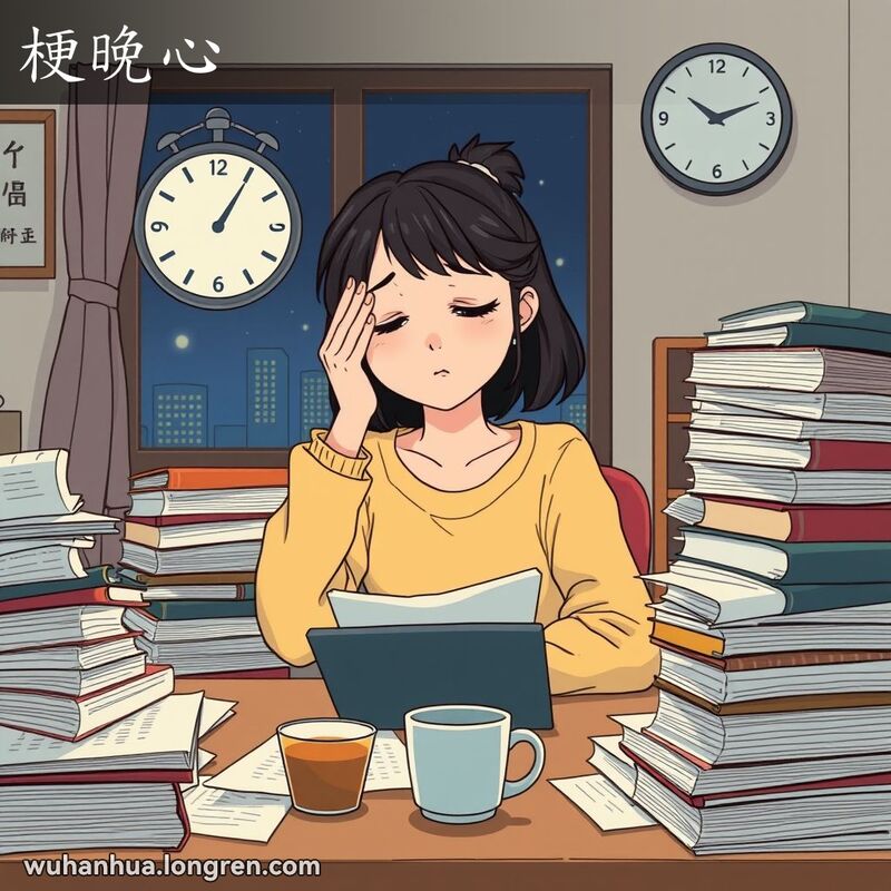 一位年轻女子在昏暗的房间里，坐在书桌前，显得疲惫不堪，墙上的钟表显示已是深夜，桌上放着一杯喝了一半的咖啡。