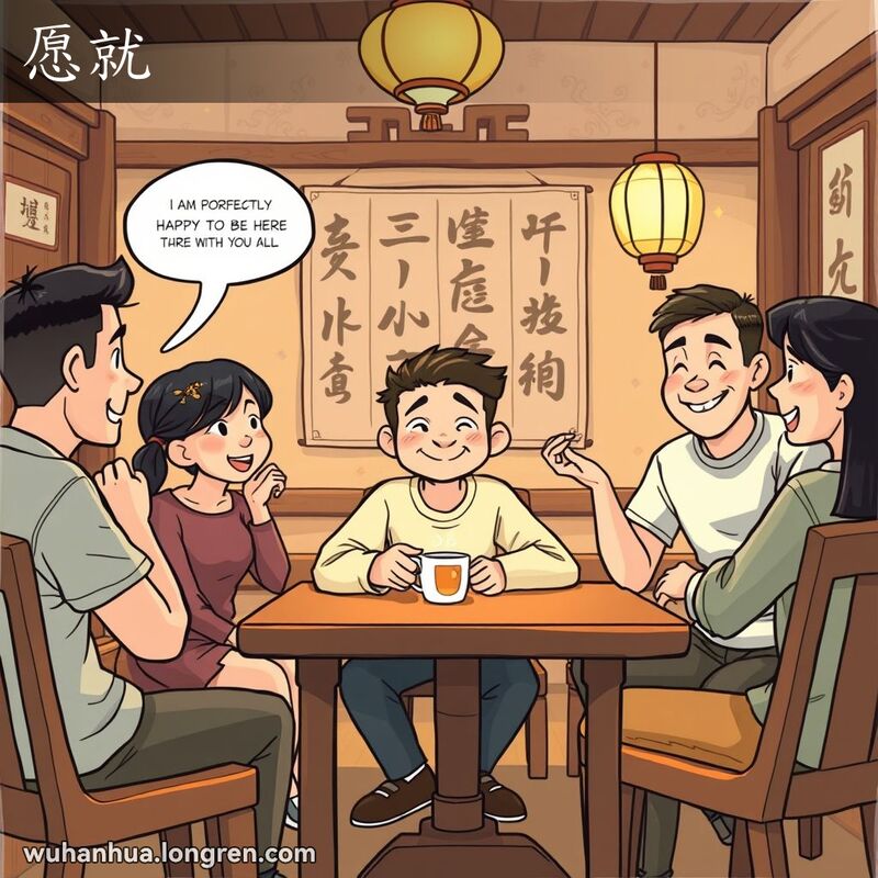 一群朋友在武汉茶馆聚会，中间的人物露出心甘情愿的微笑，背景是传统中式装饰