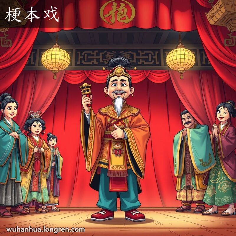 一位传统戏曲演员在舞台中央表演，背景是其他配角演员，画面风格融合了漫画和传统中国艺术。