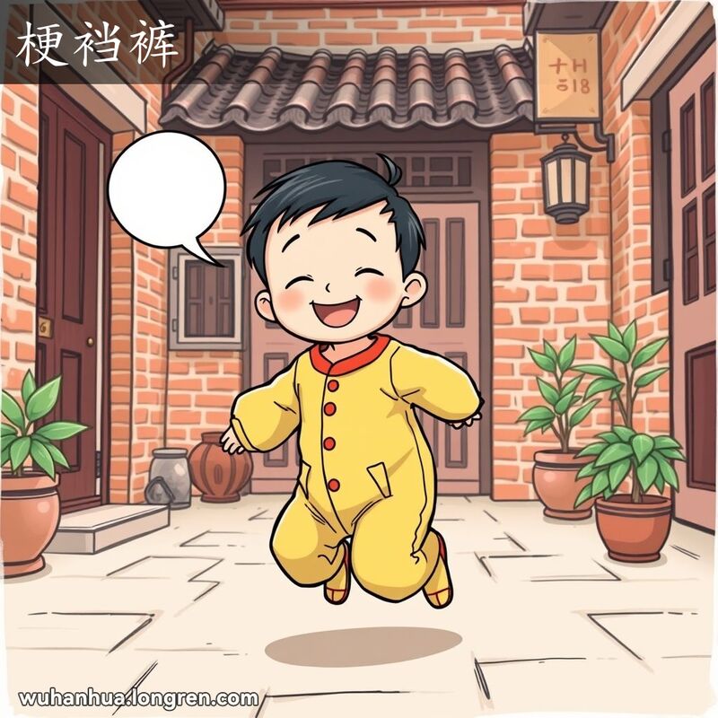 一个穿着连裆裤的小孩在武汉老院子里快乐玩耍