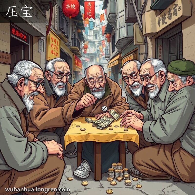 一群老年人在武汉小巷里围着桌子赌博，一个人摇晃骰子，其他人准备下注，背景是武汉老街景