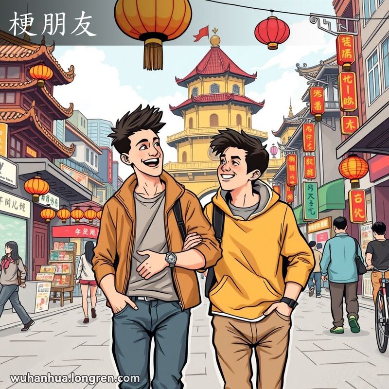 两位年轻男子手挽手走在武汉街头，背景是黄鹤楼和长江大桥，展现了“梗朋友”的深厚友谊。