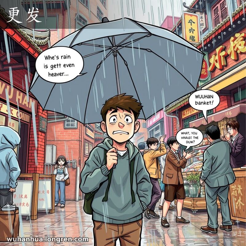 武汉街道上，一个年轻人在大雨中撑伞，表情挫败，旁边一群人在激烈争吵，背景有红砖墙和老式招牌。
