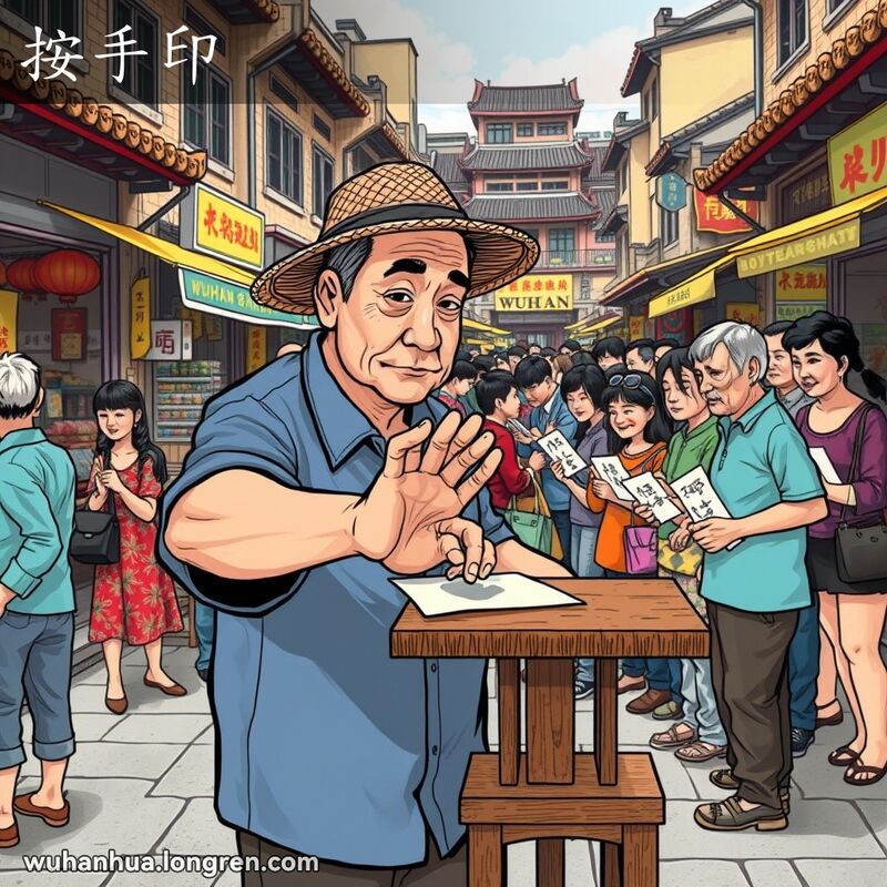 一位中年男子在武汉街市的小木桌前按手印，背景是热闹的街市场景
