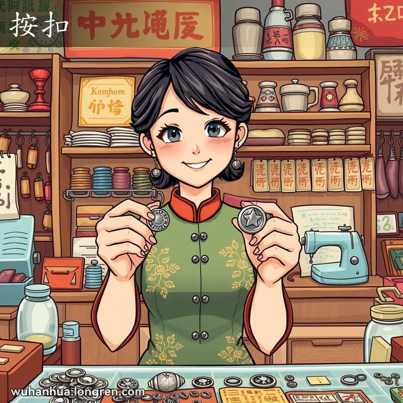 一位穿着传统中式服装的女性在武汉老街市场摊位前，手持一对金属子母扣儿，展示它们如何扣合在一起，背景是老式木质货架和各种小饰品。