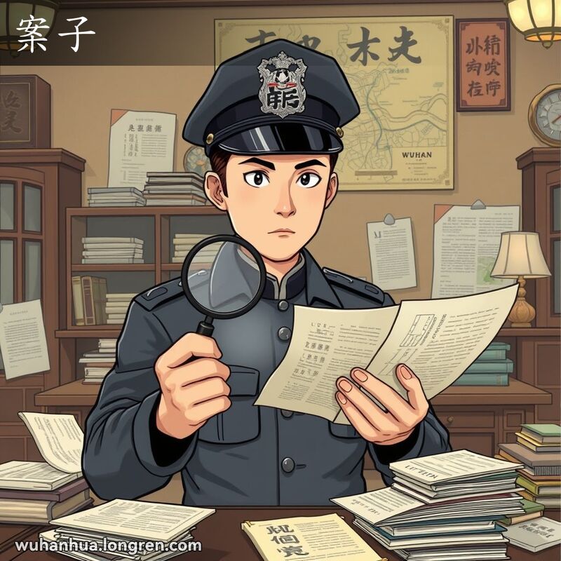 一位警察手持放大镜，站在桌前审查案件文件，背景是古色古香的中国警察局