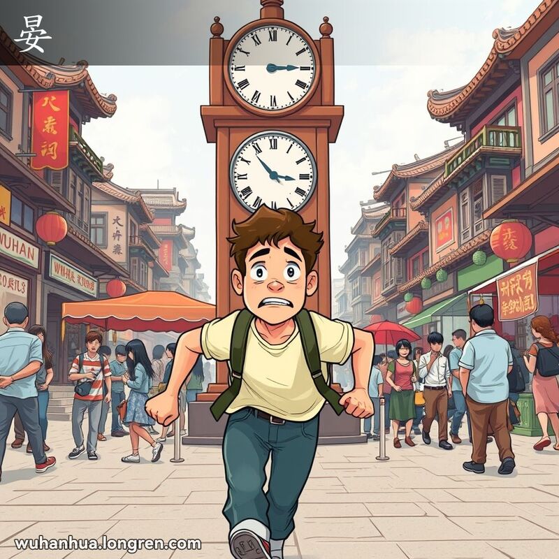 一位年轻男子匆忙赶往钟楼，背景是武汉街道和小贩，表现“晏”的意思。