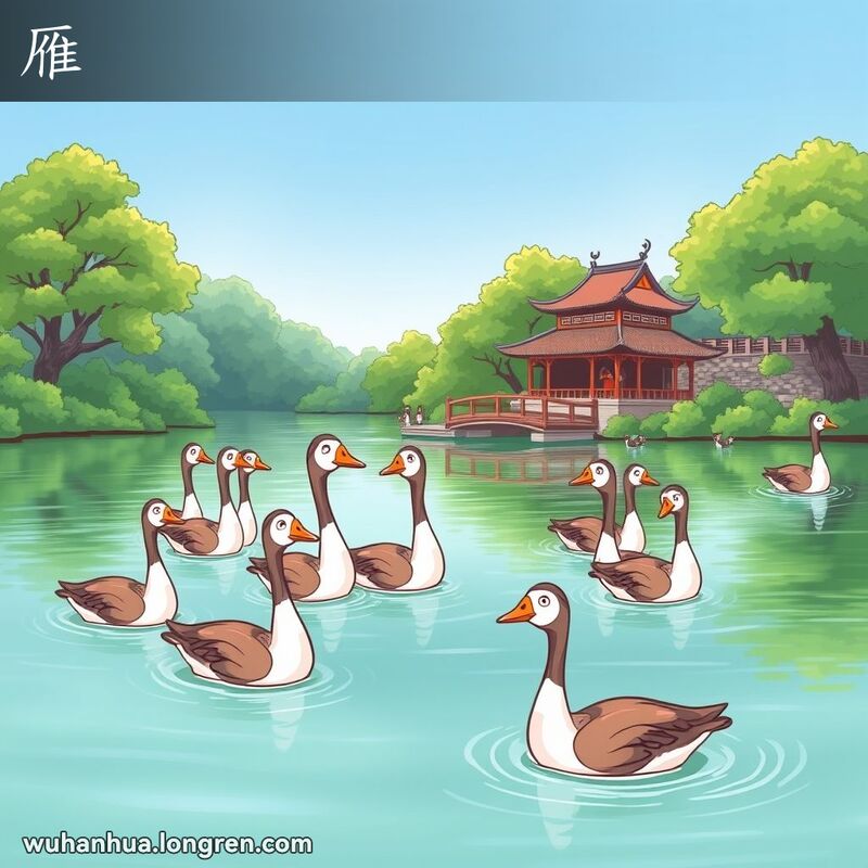 一群野雁在湖边游泳，背景是宁静的湖泊和传统中国建筑