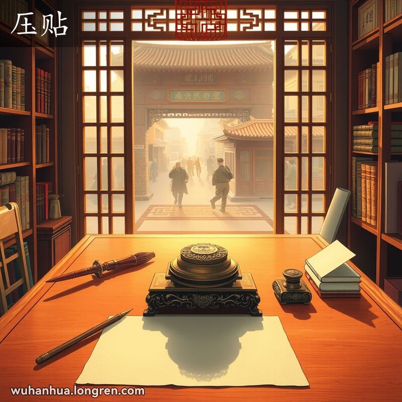 传统中国书房，书桌上有纸张、毛笔、砚台和精美的铜制或玉石压纸，背景是武汉街景