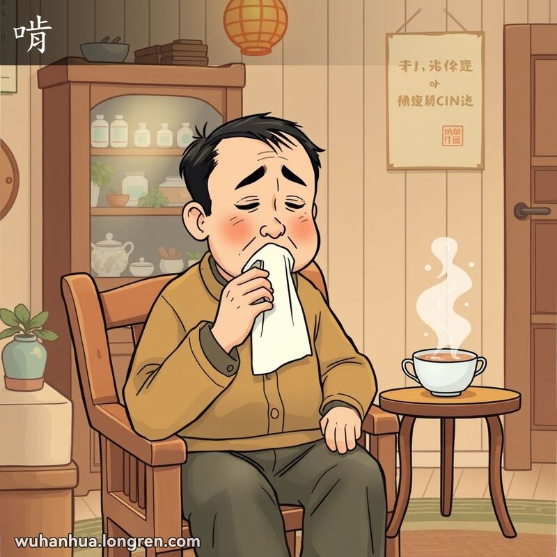 一位中年男子坐在家中的木椅上，手持手帕捂住嘴巴，低声咳嗽，背景是温馨的武汉传统家庭环境。