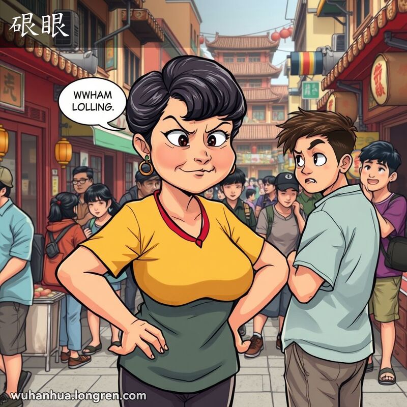 一位中年妇女在武汉街头嘲笑一位年轻人，背景是热闹的市场和传统建筑